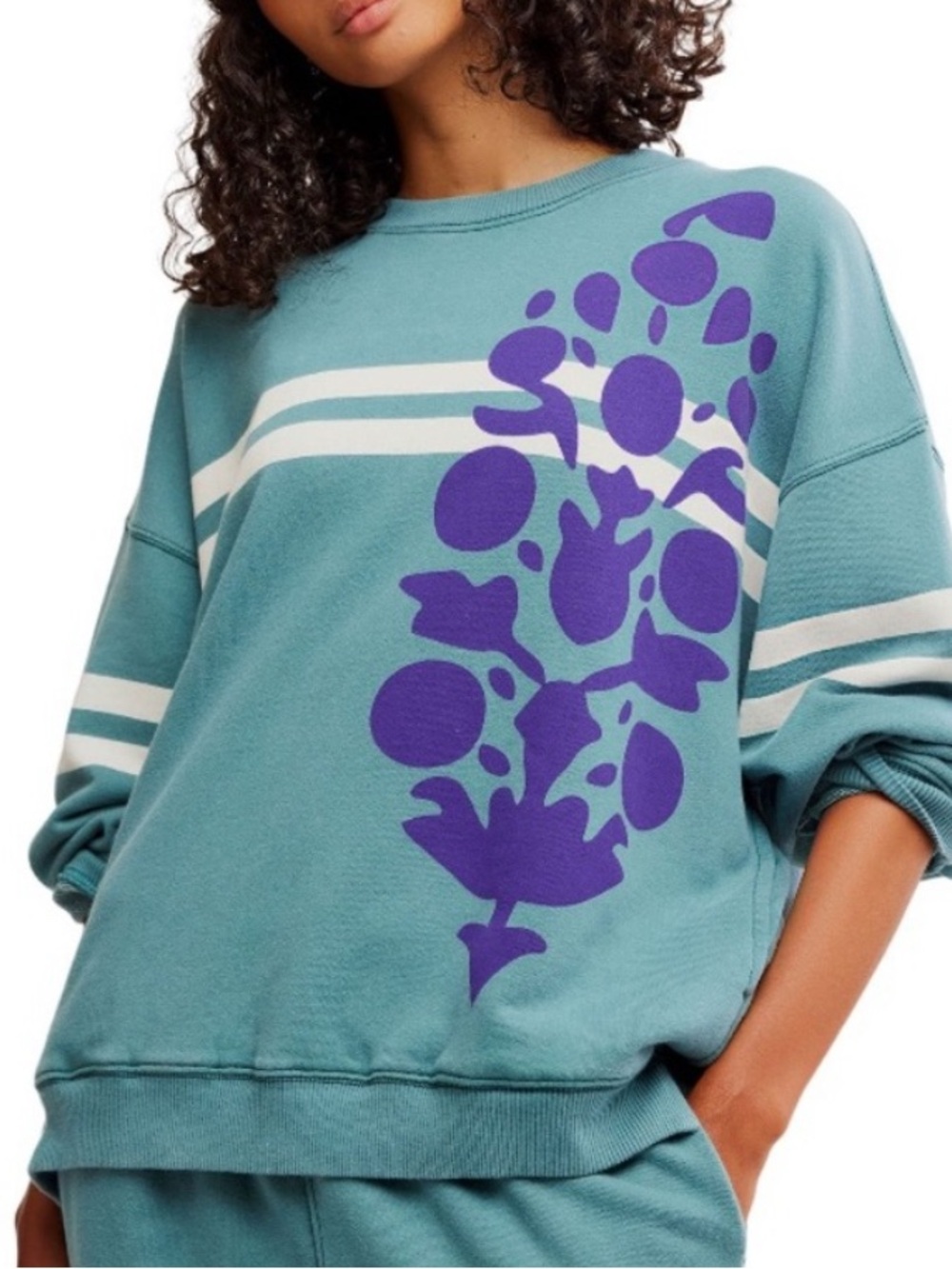 FP Movement by Free People Teal Crewneck Sweatshirt with Purple Floral Graphic